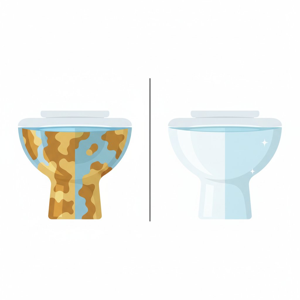 A vibrant, modern flat illustration showcasing a 'before and after' transformation of a toilet bowl. The left side (or top half) of the illustration depicts a section of a toilet bowl with noticeable, stubborn yellowish-brown urine scale clinging to the ceramic surface below the water line, implying an unhygienic state. The right side (or bottom half) of the illustration shows the identical section of the toilet bowl now sparkling clean, with the ceramic appearing pristine white and glistening, suggesting effective removal and freshness. The transition should be clear but purely visual, conveying a successful cleaning outcome.