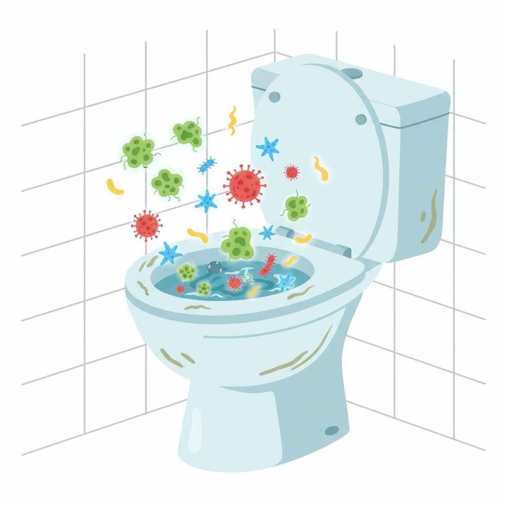 A vibrant and slightly abstract flat illustration depicting the hidden dangers of an uncleaned toilet. The toilet bowl is shown with subtle streaks of grime, and various stylized, colorful microorganisms like bacteria (e.g., green blobs for E. coli) and viruses (e.g., red spiked spheres) are visibly 'floating' around the rim and water surface, emphasizing germ proliferation. The overall impression should be educational and slightly alarming, highlighting the 'why' of cleaning without being overly graphic. The background is a clean, simple bathroom wall.