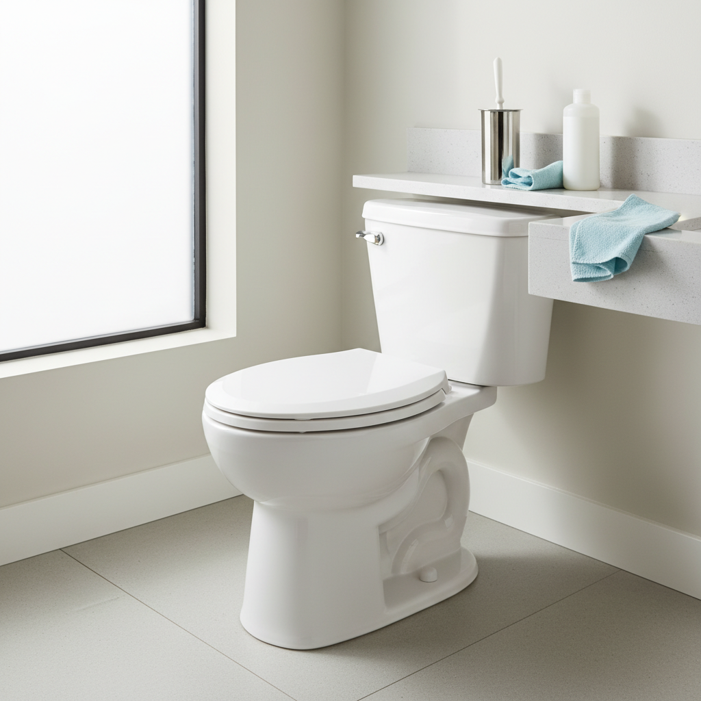 A professional, bright photograph of a pristine, sparkling white toilet in a minimalist, modern bathroom setting. The toilet bowl is gleaming, reflecting light beautifully, conveying an impeccable state of hygiene. On a clean, light-colored surface beside the toilet, generic cleaning tools are neatly arranged: a sleek, modern toilet brush with its holder, a plain bottle of a cleaning solution, and a folded microfiber cloth. The image radiates freshness, cleanliness, and the ease of achieving a spotless result, with soft, natural light.