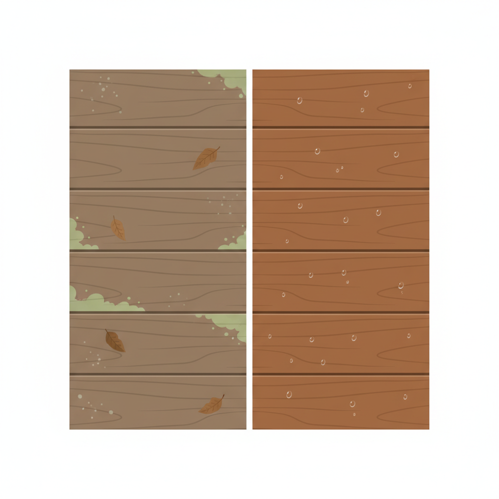 A vibrant, clean flat illustration depicting a 'before and after' scenario of a WPC deck. The left side of the image shows a section of WPC decking looking dull, with light green algae growth, a thin layer of dust, and a few scattered leaves. The right side shows the identical section of decking, now sparkling clean, with its original rich color restored and subtle water droplets on the surface, appearing fresh and inviting. The visual contrast should clearly highlight the transformative and beneficial effect of regular cleaning. The overall style should be bright and inviting.