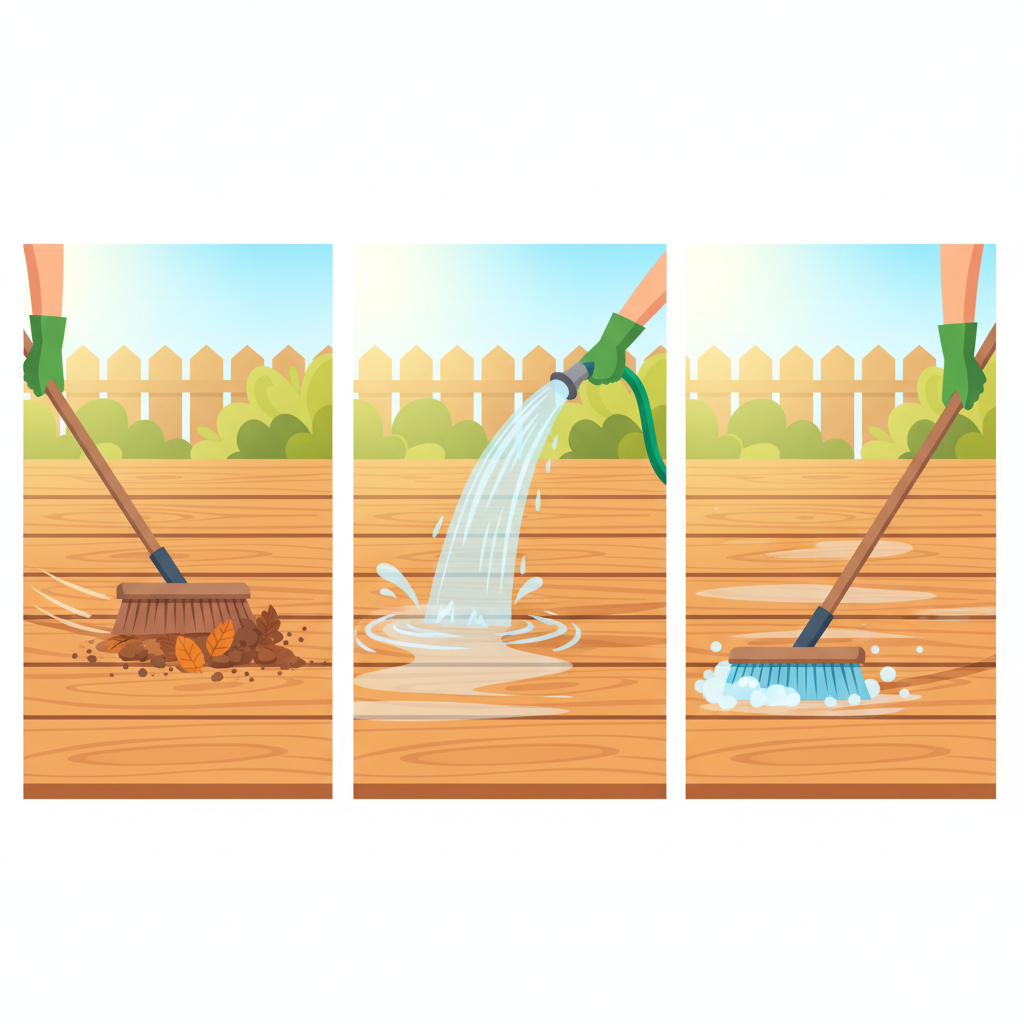A bright, instructional flat illustration showing three distinct actions involved in the initial cleaning of a WPC deck. The scene features a sunlit WPC deck. In one area, a person's hands are shown holding a stiff-bristled broom, sweeping away loose leaves and coarse dirt from the planks. In another area, a stream of clear water from a garden hose is rinsing the deck surface. A third section depicts a person gently scrubbing the WPC planks with a soft-to-medium bristle brush, creating light suds from a mild cleaning solution. The tools and actions are clear and distinct.