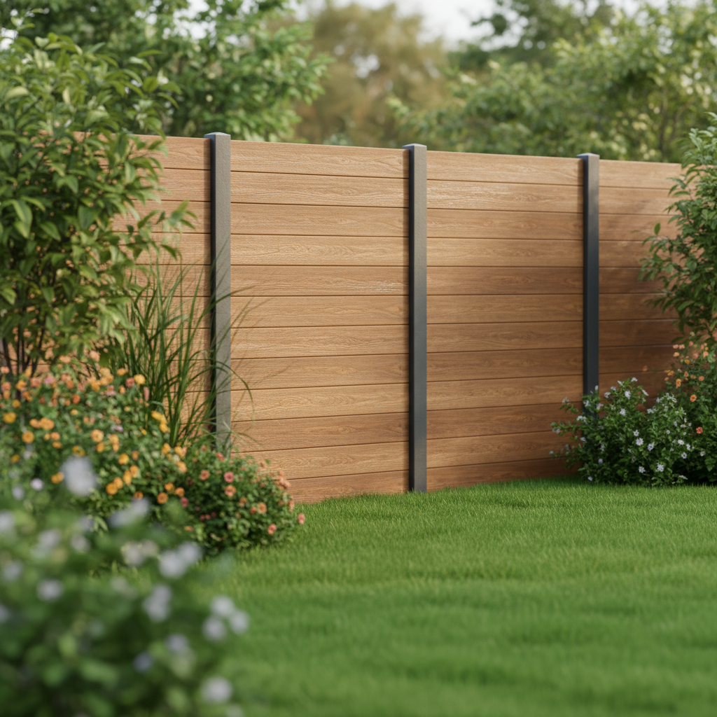 A pristine, modern WPC fence dividing a lush green garden from a neat lawn. The fence panels should look clean, with a visible wood-grain texture, highlighting the 'Wood-Plastic-Composite' nature. Sunlight gently illuminates the scene, emphasizing the fence's aesthetic appeal and durability when well-maintained. A slight blur in the background or foreground to keep the focus on the fence. The overall impression should be one of freshness, care, and an appealing outdoor living space. Professional photo style, bright and inviting.