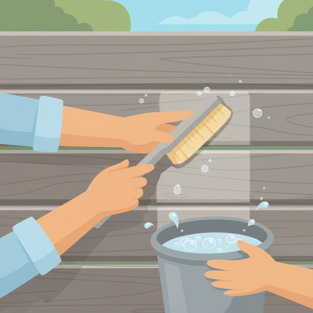 A close-up illustration of hands gently cleaning a WPC fence panel. One hand holds a soft-bristled brush, lightly scrubbing a section of the fence, while the other hand is near a bucket of soapy water. Droplets of water and gentle suds are visible on the fence surface, indicating the cleaning action. The fence surface should show subtle dirt or grime being removed, revealing a cleaner area underneath. The focus is on the technique and the recommended tools for effective, gentle cleaning. Flat illustration style with a warm, clean color palette.