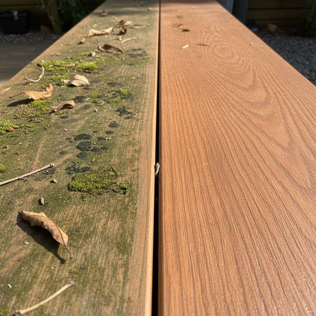 A professional, high-quality photograph showcasing a WPC deck. The image is split down the middle: one half depicts a neglected WPC surface covered in green algae, moss, dark spots, and dullness, with scattered leaf debris. The other half reveals a pristine, vibrant WPC surface, freshly cleaned, with its natural wood-grain texture and warm color restored. The sunlight accentuates the clean, inviting appearance. The scene clearly illustrates the transformative effect of proper WPC cleaning, highlighting the dramatic 'before and after' contrast.