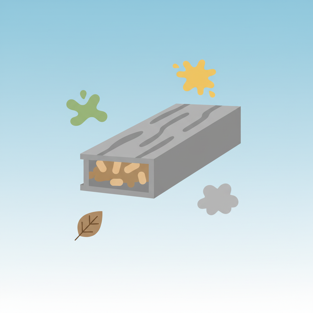 A clean, modern flat illustration in an infographic style, depicting a cross-section of a WPC (Wood-Plastic Composite) plank. The internal structure shows stylized wood fibers embedded within a grey or brown plastic matrix. Surrounding the plank, simplified, abstract icons represent common contaminants: a green, wavy shape for algae, a small brown leaf for debris, a grey cloud for dust/pollen, and a yellow splat for grease. These elements visually explain the need for cleaning WPC, highlighting the various types of dirt and organic growth it attracts, without implying any specific cleaning action.