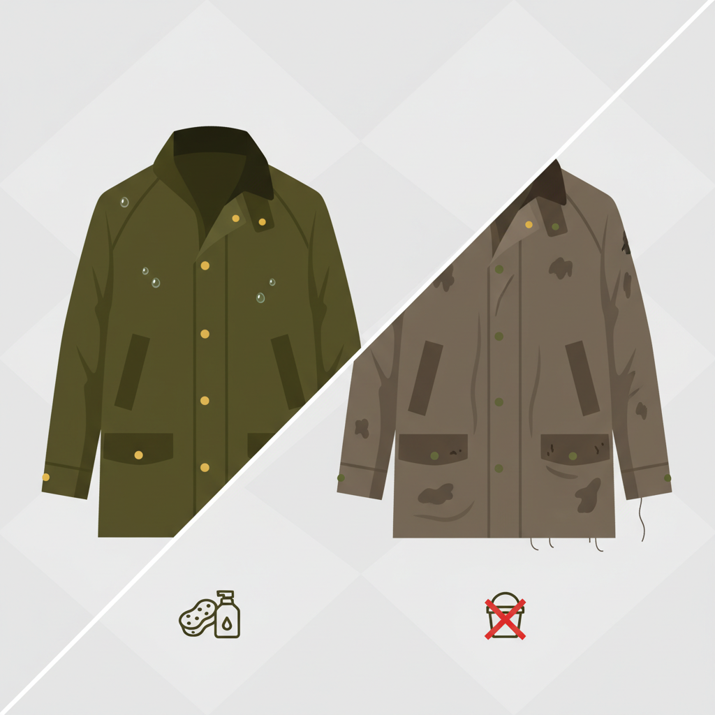 A vibrant, modern flat illustration showing two wax jackets side-by-side, symbolizing proper versus improper care. On the left, a well-maintained, rich olive-green wax jacket appears pristine, with subtle water droplets beading off its surface, suggesting its waterproof quality and durability. On the right, a faded, dull greyish-brown wax jacket looks neglected, with visible dirt smudges and a general worn-out appearance, indicating loss of function and aesthetic appeal. The overall scene should be clean and visually balanced, highlighting the contrast without being overly dramatic.