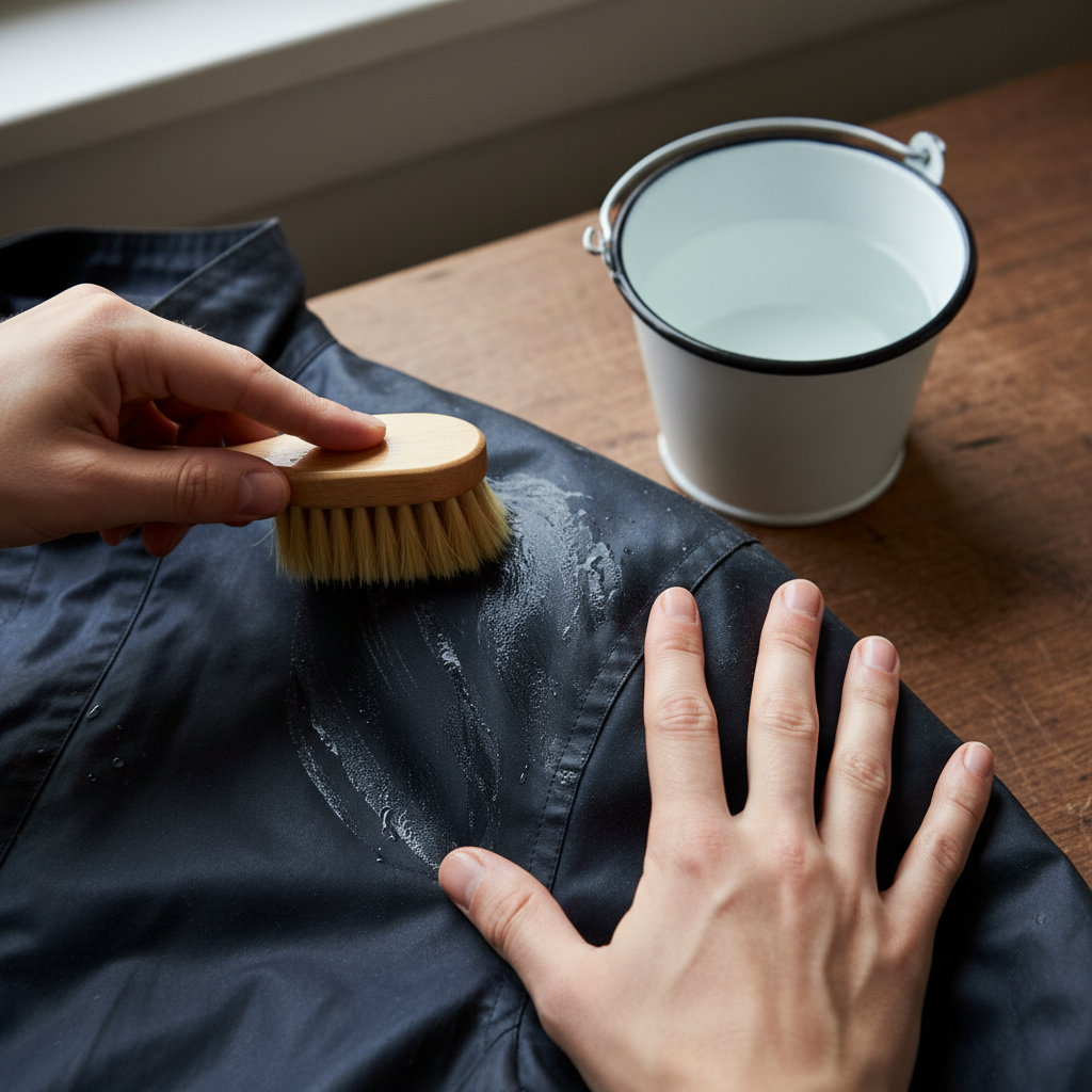 A professional photo from a slightly overhead perspective, capturing a close-up of hands gently cleaning a classic navy blue wax jacket. The hands, wearing light gloves or bare, are holding a soft-bristled brush or sponge and carefully scrubbing a section of the jacket. A small, simple bucket of lukewarm water is partially visible in the background, out of focus. The focus should be on the detailed texture of the waxed cotton fabric and the delicate, manual cleaning action, emphasizing careful handling and attention to detail. The lighting should be soft and natural, creating an inviting, instructional atmosphere.