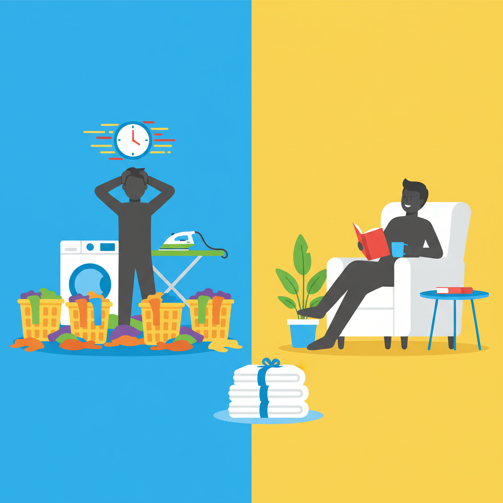 A split-screen, minimalist flat illustration. On the left side, a person (gender-neutral silhouette) is overwhelmed, surrounded by overflowing laundry baskets, a washing machine, and an ironing board, with a visual representation of a clock indicating time passing quickly. Their posture suggests stress and exhaustion, perhaps with hands on their head. On the right side, the same person is relaxed, smiling, perhaps reading a book or enjoying a coffee, in a bright, uncluttered space. In the foreground of the right side, a stack of perfectly folded, pristine laundry bundles sits neatly. The color palette should be vibrant and clean, highlighting the contrast between chaotic home laundry and convenient, professional service.