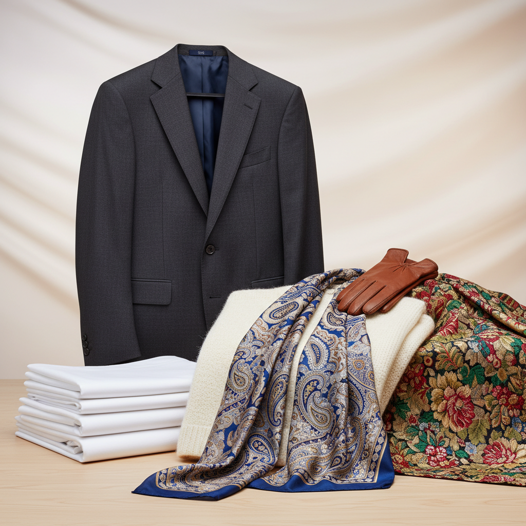 A vibrant, detailed digital painting or a studio still life photograph showcasing a diverse collection of impeccably cleaned and maintained textiles. The arrangement should include items like a delicate silk scarf, a sharply pressed suit jacket, a soft wool sweater, crisp white bed linen, a colorful table cloth, and a small, perfectly restored leather item (like a glove or small bag). Each textile should look pristine, free of wrinkles or stains, and retain its original texture and vibrancy, emphasizing expert care for different materials. The background is a soft, elegant gradient, subtly suggesting a premium and professional environment.