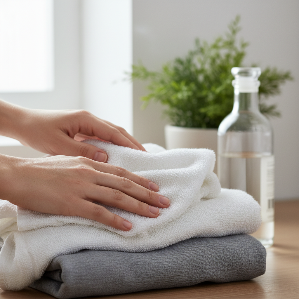 A professional, bright close-up photo in a clean, modern laundry room setting. The focus is on a pair of hands gently feeling a stack of freshly laundered, soft white towels and perhaps one dark garment, conveying a sense of natural softness and freshness. In the background, slightly out of focus, stands an open bottle of clear household vinegar, subtly indicating its role as a natural fabric softener. The lighting is soft and natural, highlighting the texture of the fabric and the simplicity of the scene, emphasizing gentle, chemical-free care.