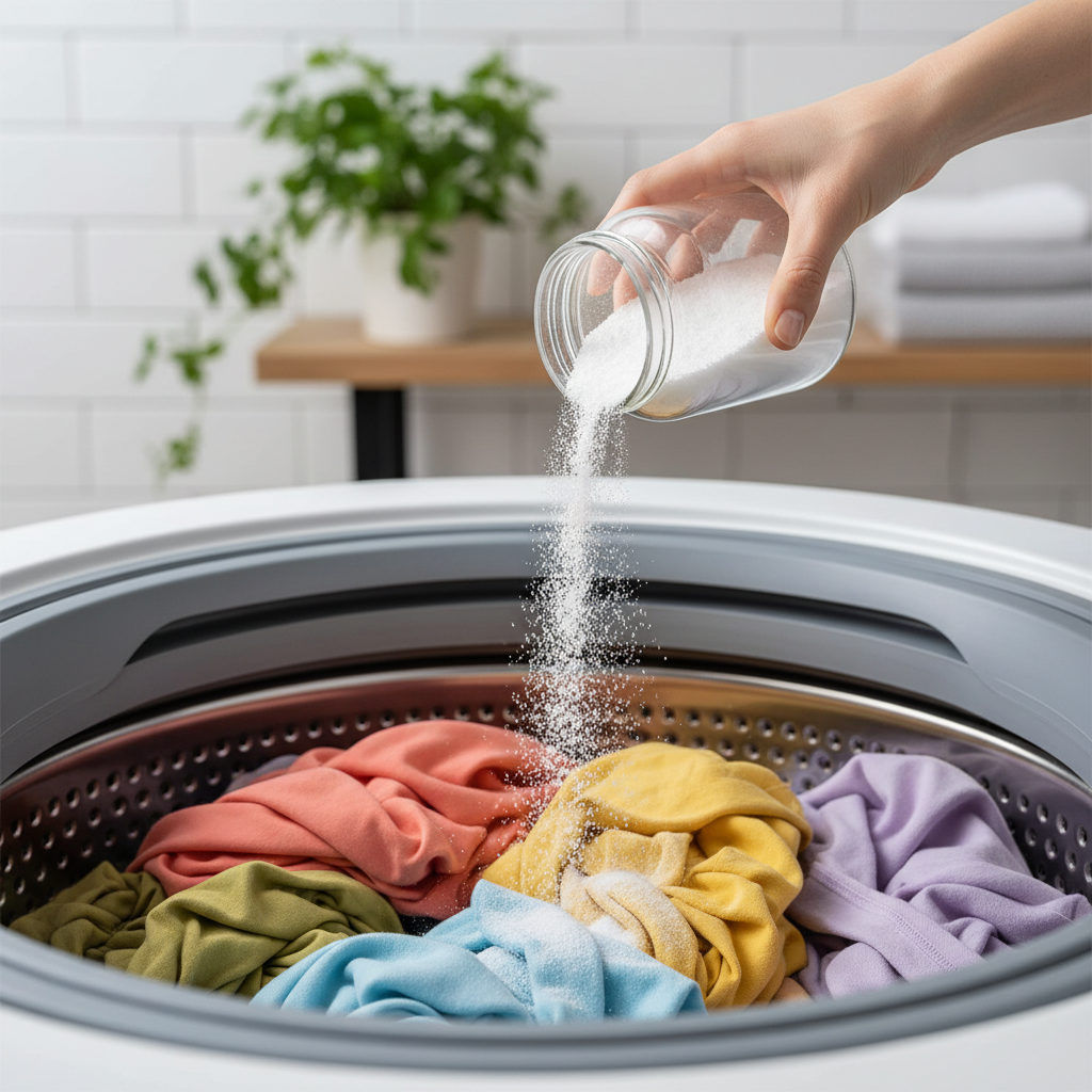 A professional, brightly lit photo showing a close-up of a modern washing machine's open drum. A hand is gently pouring a small amount of white, crystalline powder from a simple, elegant glass container into the drum, which is partially filled with a mix of colorful, freshly laundered clothing items. The background is slightly blurred, suggesting a clean, minimalist laundry environment. The focus is on the powder, the hand, and the vibrant textiles, conveying a sense of gentle yet effective cleaning and freshness.