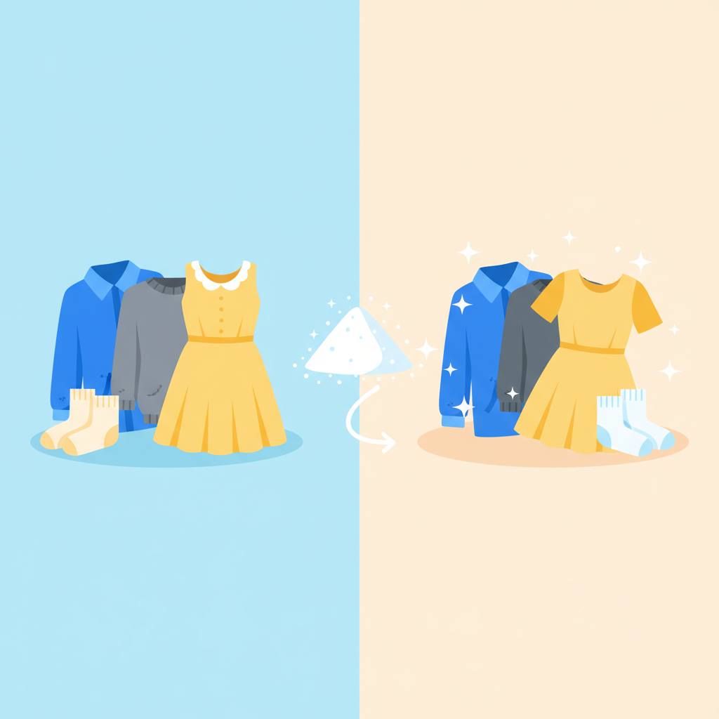 A vibrant flat illustration depicting a visual comparison of laundry items. On the left side, a pile of slightly dull, greyish or faded clothes. On the right side, the same clothes appear bright, colorful, and fresh, with a subtle aura of cleanliness or sparkle. In the center, a small, stylized representation of white powder (baking soda) connecting the two states, symbolizing its transformative effect. The overall style should be clean, modern, and inviting, emphasizing the contrast without being overly dramatic.