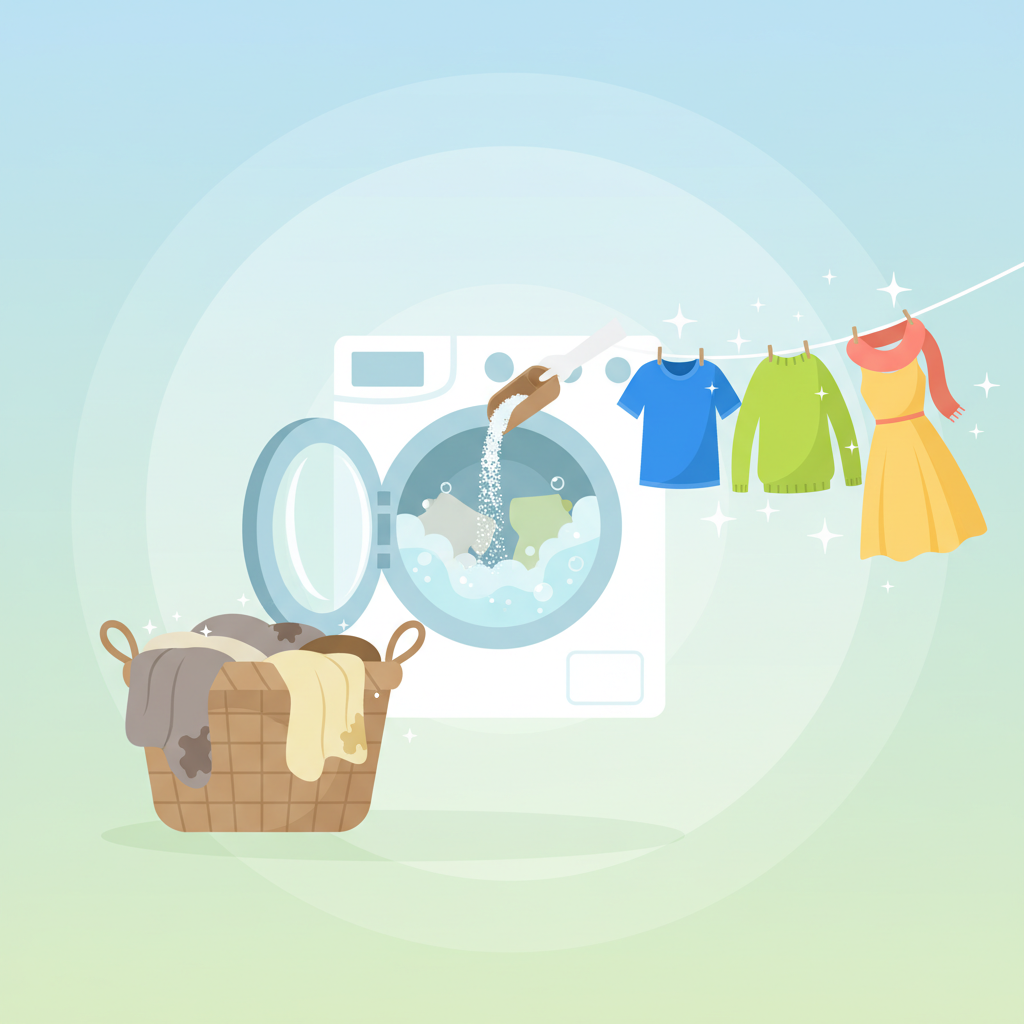 A vibrant flat illustration depicting the journey of laundry from dull and stained to radiantly clean. On one side, a pile of discolored, dirty clothes in a rustic laundry basket. Transitioning to the other side, an array of brightly colored, freshly washed garments sparkling under a gentle glow, perhaps gently swaying on a clothesline. A scoop of white crystalline powder, representing soda, is being added to a washing machine drum in the center, with subtle bubbles and water swirls. The overall aesthetic should convey cleanliness, freshness, and environmental consciousness, using a clean, modern color palette with hints of green and blue. The background is minimalist and uncluttered.