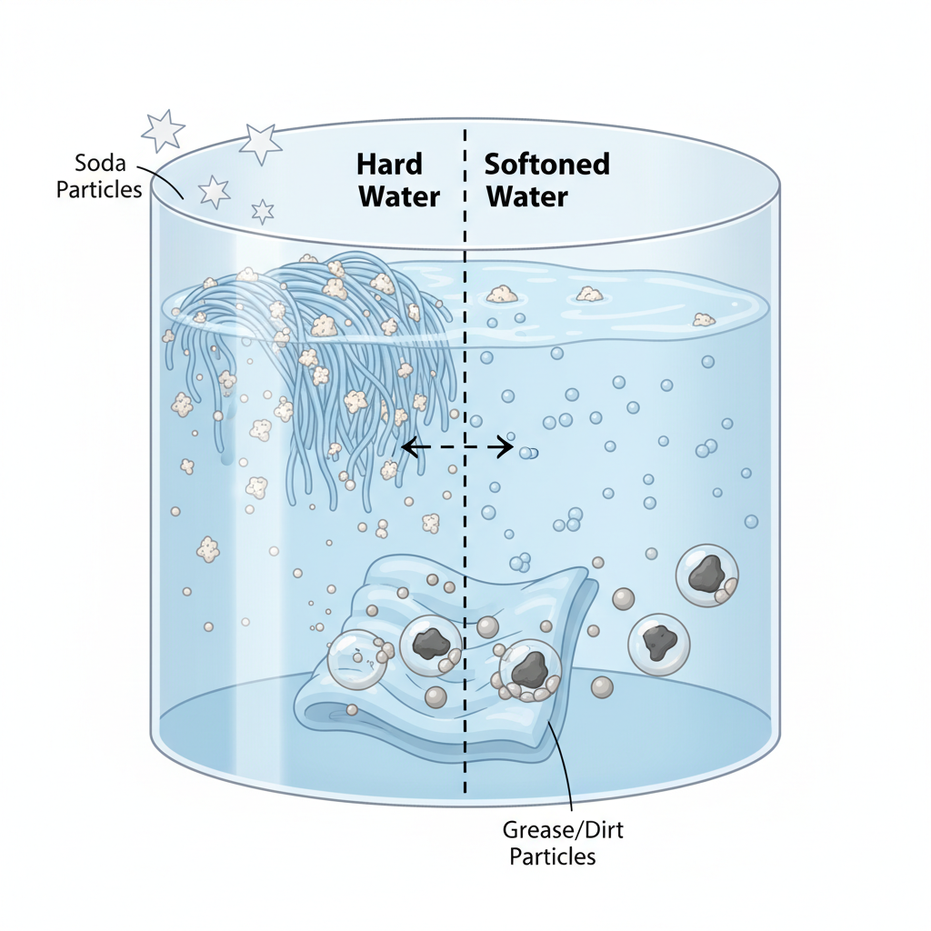 An illustrative diagram showcasing the key actions of washing soda within a simplified washing machine drum or a transparent water container. On one side, represent hard water with small mineral deposits clinging to fabric fibers or floating freely. Introduce soda particles, visually breaking down and dispersing the minerals, leading to softened, clearer water on the other side. Simultaneously, illustrate grease or dirt particles being encapsulated or emulsified by the soda solution, shown as tiny spheres detaching from fabric and suspended in the water. The style should be a clear, approachable scientific illustration with clean lines and a bright, informative color scheme, emphasizing the transformation.
