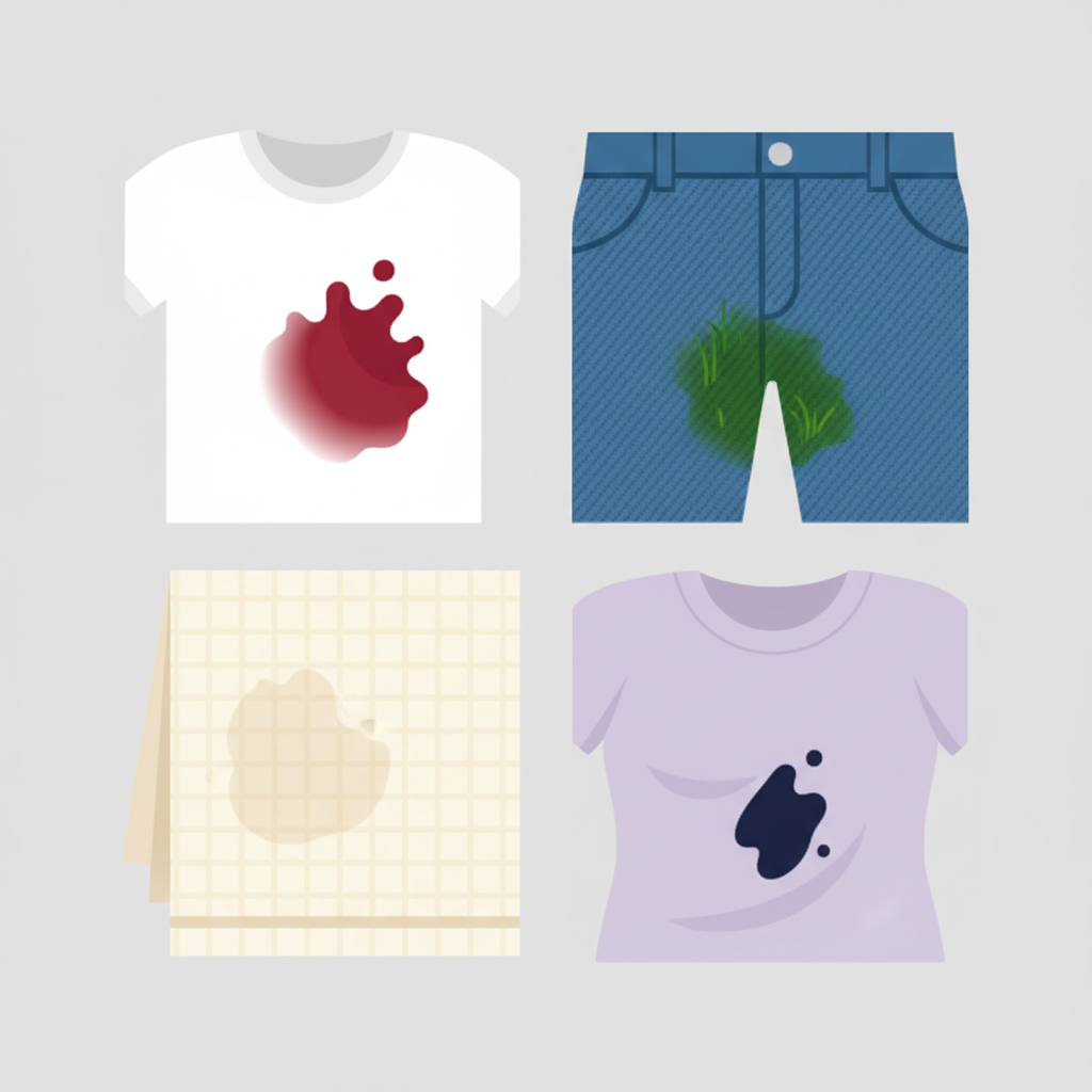 A vibrant, clean, modern flat illustration depicting various common stains on different fabric textures. Show a red wine splash on a white shirt, a grass stain on a pair of jeans, a grease spot on a kitchen towel, and an ink mark on a blouse. Some stains could have subtle visual cues of being 'fixed' or 'deeply embedded' – perhaps a slightly blurred edge or a deeper saturation where it has set. The background should be clean and bright, emphasizing the stains as the central focus. The overall style should be infographic-like, clear and easy to understand.