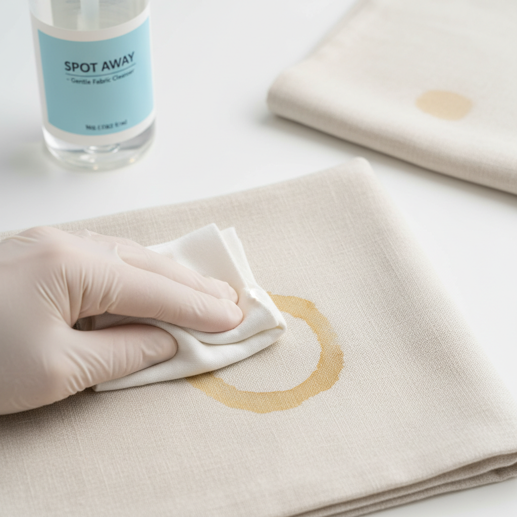 A professional, high-angle close-up photo showing a meticulous process of stain removal on a light-colored fabric. A hand, possibly gloved, is gently dabbing a small, fresh coffee stain with a white cloth or paper towel. In the background, slightly out of focus, show a small bottle of a generic stain remover and another piece of fabric with a tiny, inconspicuous test spot. The lighting should be bright and clean, emphasizing precision and care. The scene conveys prompt action, gentle treatment, and testing, aligning with the fundamental principles of stain removal.