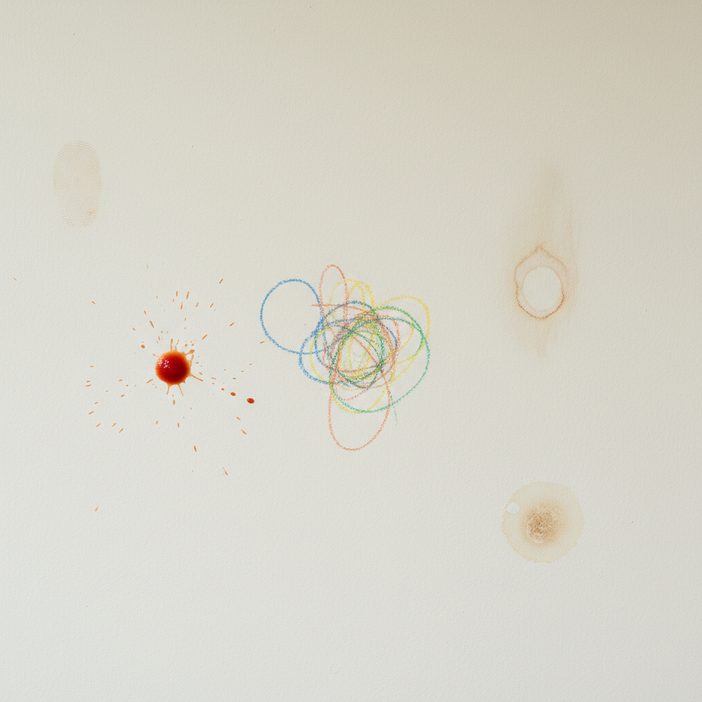A vibrant, clean interior wall, possibly in a living room or kitchen area, displaying a variety of common stains. Show distinct marks like a faint fingerprint smudge, a small red sauce splatter, a colorful crayon scribble, a subtle water stain with a hint of discoloration, and a greasy spot. The wall should appear light-colored and painted, serving as a neutral canvas. The overall style should be a professional photo with natural, soft lighting, focusing on the visual impact of each unique stain.