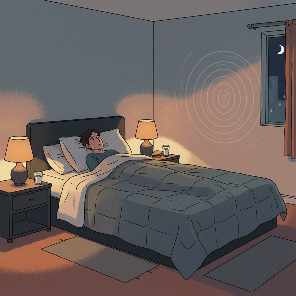 A cozy, dimly lit bedroom at night. A person is lying in bed, partially awake, their eyes open and subtly directed towards a plain wall in the room. A very subtle, almost imperceptible visual ripple or vibration emanates from the wall surface, suggesting an unseen sound, creating a feeling of slight unease. Flat illustration style with a warm but muted color palette, emphasizing the quiet stillness of the night.
