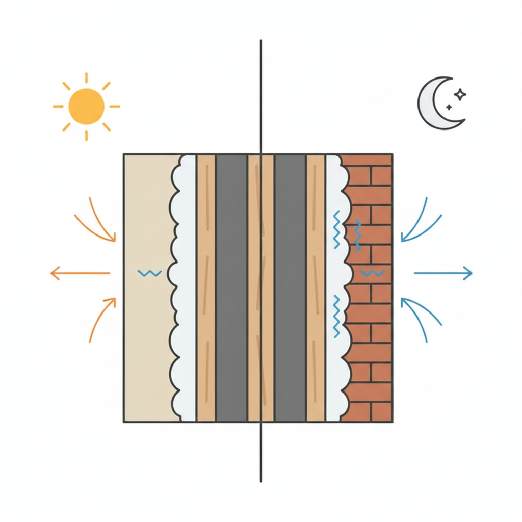 An infographic-style illustration depicting a detailed cross-section of a typical house wall. On the left, a stylized sun icon indicates daytime warmth, with subtle arrows showing materials like insulation, timber studs, and plaster expanding. On the right, a stylized moon icon indicates nighttime cooling, with corresponding arrows showing the materials contracting, creating small internal tensions or slight shifts. Clean, modern flat illustration with clear visual distinctions between material layers.