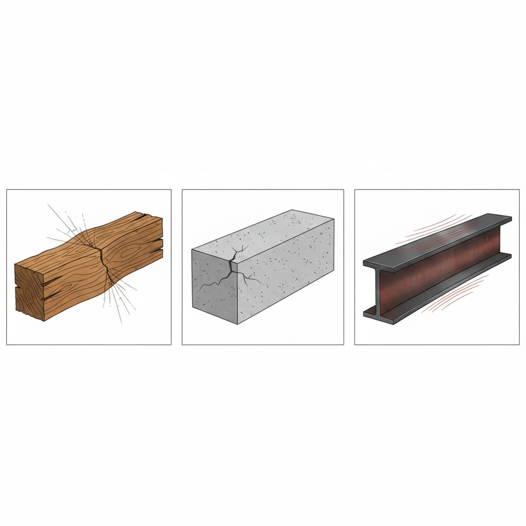 A series of three distinct, illustrative panels arranged horizontally, each focusing on a different common building material. The first panel shows a wooden beam, subtly warped or showing hairline splinters. The second panel displays a concrete block, with a faint, jagged stress line appearing. The third panel features a metal beam, subtly bowing or showing internal tension. The panels visually convey material specific deformation due to environmental changes. Technical diagram style, crisp lines, and a muted, earthy color palette.