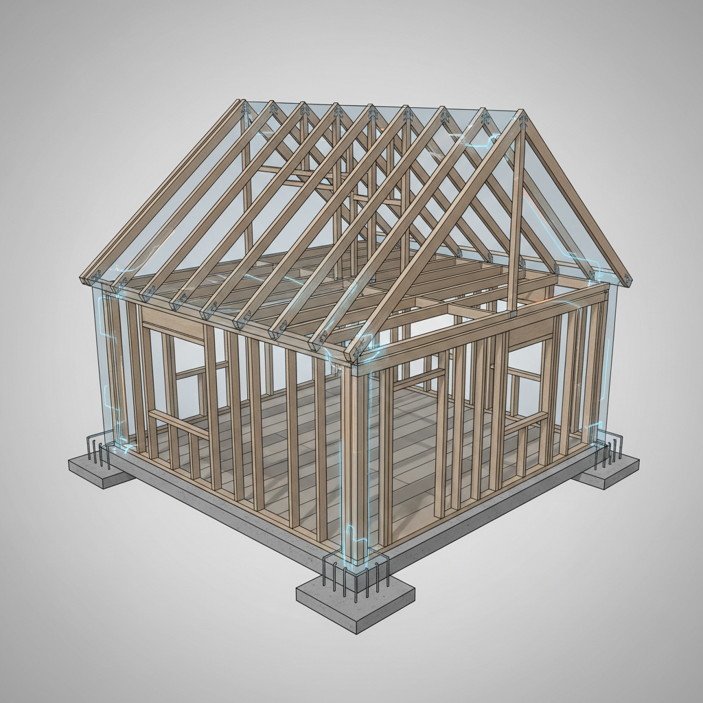 A stylized, cutaway view of a house's internal structure, revealing its foundation, wall studs, floor joists, and roof trusses. Subtle, almost transparent, glowing lines or energy fields illustrate forces and stresses moving through the structure, concentrating at various points where materials might shift, rub, or expand. These visual cues should hint at the underlying mechanical movements causing sound, without showing visible damage. Architectural concept art style, clean lines, with ethereal visual effects for the stress lines.