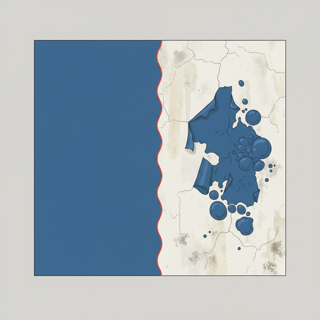 A clean, modern flat illustration with a slightly diagrammatic feel, showing a split comparison of two wall sections. The left section depicts a perfectly cleaned wall with a flawlessly applied, smooth, and evenly adhering coat of fresh paint. The right section, in stark contrast, shows a dirty, uncleaned wall where the freshly applied paint is visibly flaking, bubbling, and exhibiting an uneven finish with faint stains or imperfections bleeding through. The illustration should clearly highlight the visual consequences of painting over an unprepared surface versus a properly cleaned one.