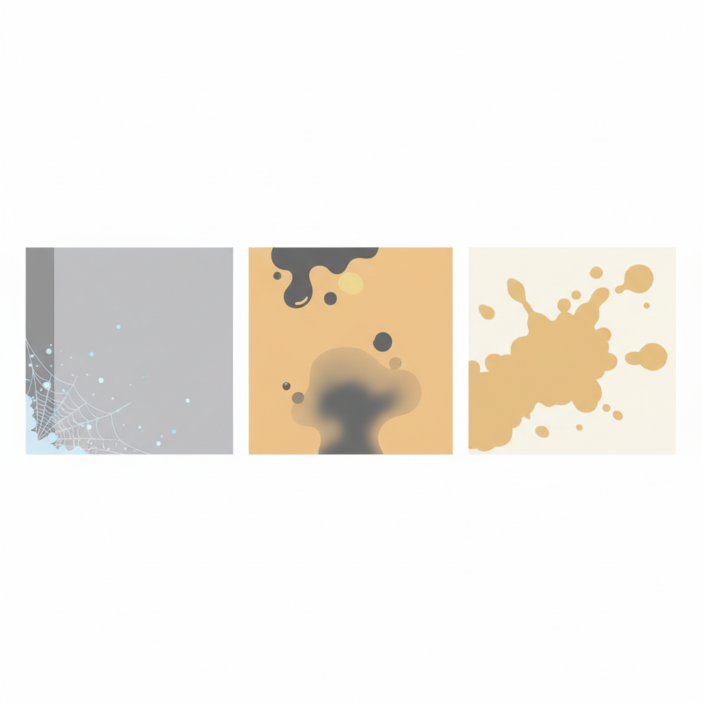 A series of three distinct, cleanly separated wall segments, presented in a modern flat illustration style. Each segment visually represents a different common type of wall contamination before painting. The first segment shows subtle dust motes and delicate cobwebs in a corner. The second displays stylized grease splatters and a faint, smoky soot stain, indicative of a kitchen environment. The third segment illustrates a yellowish-brown discoloration spreading across the wall, clearly representing nicotine residue. The composition should be informative and visually differentiate the dirt types.