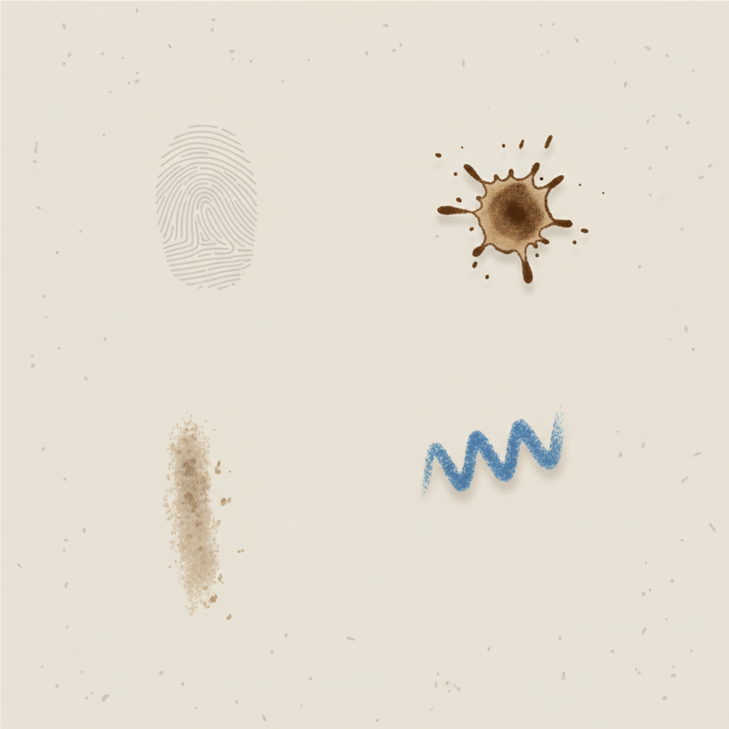 A clean, flat illustration depicting a light-colored interior wall section. Scattered across the wall are four distinct, common stains: a subtle greasy fingerprint smudge, a small, dark coffee splash, a colorful crayon mark (e.g., red or blue), and a faint, brownish dirt streak. Each stain should be clearly visible but not overly dramatic, representing typical everyday occurrences. The overall style should be modern and infographic-like, using soft shadows and clean lines to differentiate the stains from the wall texture, conveying the variety of challenges discussed in the article.