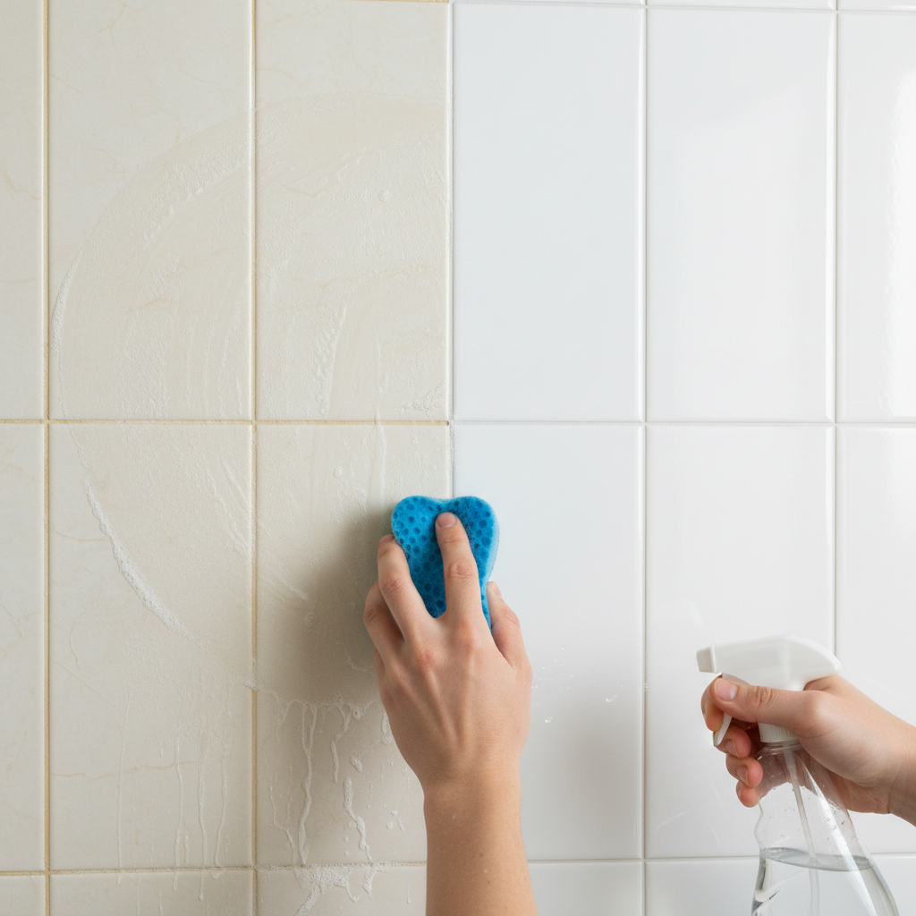 A vibrant, professional photograph depicting a clear 'before and after' scenario on a tiled bathroom wall. On the left side, the light-colored ceramic tiles are visibly dulled by soap scum and faint limescale, with slightly discolored grout lines. On the right side, the same tiles gleam, perfectly clean and reflective, with bright, pristine grout. A subtle, soft-focus hand holding a cleaning sponge or a spray bottle is positioned near the dividing line, suggesting the cleaning action that leads to the transformation. The overall impression is one of fresh, hygienic cleanliness.