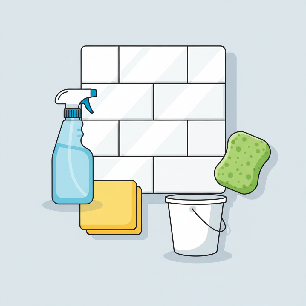 A clean, modern flat illustration showcasing essential tools for wall tile cleaning, artfully arranged around a pristine section of ceramic wall tiles. The tiles are bright white and reflect light, emphasizing their cleanliness. Surrounding elements include a blue spray bottle, a yellow microfibre cloth, a green cleaning sponge, and a small, generic white bucket. All objects are depicted with soft shadows and clear outlines, conveying a sense of organization and ease. The scene should exude a fresh, hygienic atmosphere, highlighting the simple tools needed for effective tile maintenance.