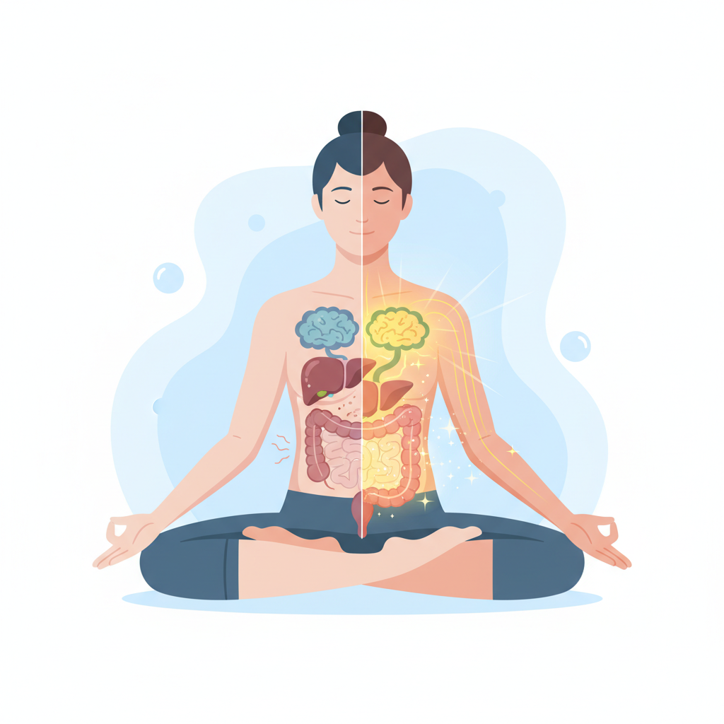 A vibrant, clean flat illustration depicting a gender-neutral human figure in a calm, healthy posture. The internal organs and systems (e.g., gut, liver, brain) are subtly visible, glowing with renewed energy. On one side, subtle visual cues suggest a 'before' state, perhaps slightly muted or cluttered, transitioning smoothly to an 'after' state representing metabolic optimization, fat burning, and cellular rejuvenation. The background is clean and bright, emphasizing holistic health and wellness. No text.