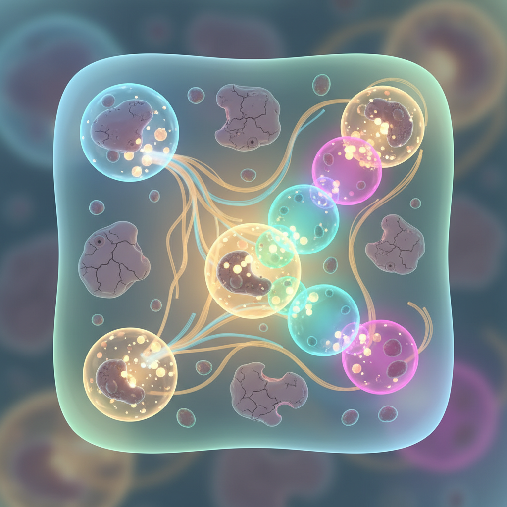 A dynamic scientific diagram or abstract illustration visualizing cellular autophagy. Show a cross-section of a stylized cell where various internal components, some appearing slightly worn or 'damaged' (represented abstractly by irregular shapes or muted colors), are being enveloped and processed by active cellular structures (like lysosomes, shown as vibrant, energetic spheres). The overall impression is one of internal cleansing, recycling, and renewal within the cell, with a clean, transformative glow. The background is minimalist, suggesting a microscopic environment. No text.