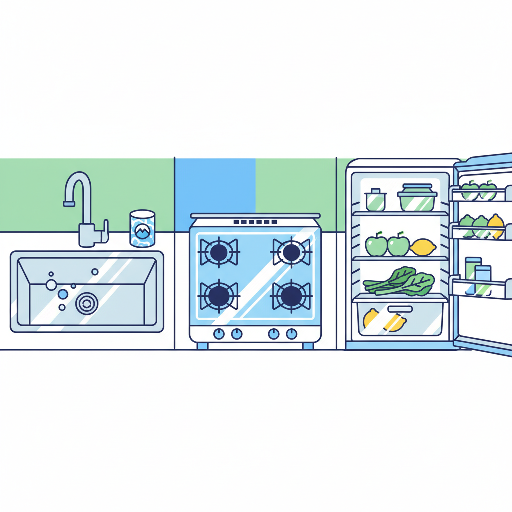 A vibrant, clean flat illustration depicting various household items sparkling clean, thanks to baking soda. The composition should show distinct sections for different areas: a gleaming kitchen sink with a spotless faucet, a stove top free of grease, and perhaps a fresh-looking open refrigerator interior. A small, stylized bag or container of 'Natron' (purely visual, no text) could be subtly integrated, suggesting its source. The overall feel should be bright, fresh, and modern, conveying efficiency and natural cleanliness with crisp lines and inviting colors.