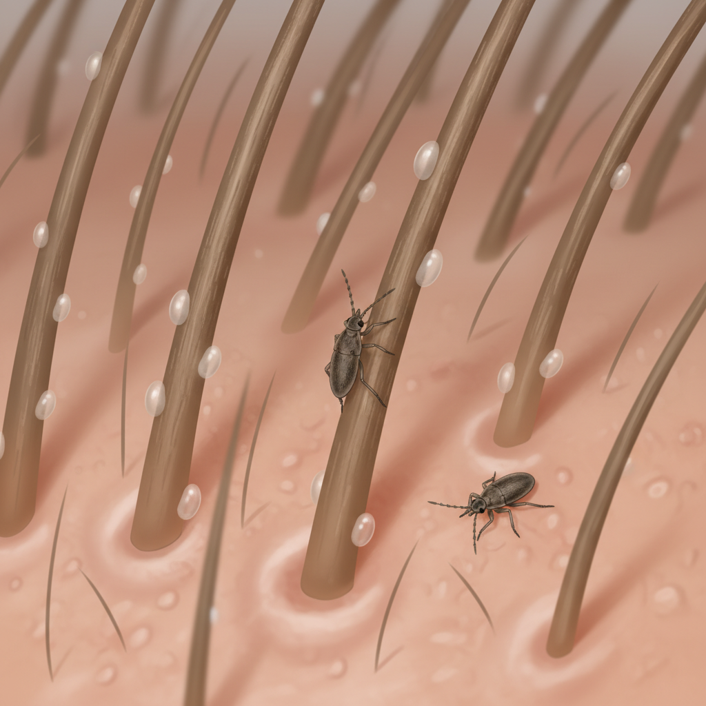 A detailed, close-up digital illustration, mimicking a scientific macro photograph, of several human hair strands emerging from a scalp. Firmly attached near the root of the hair shafts are multiple tiny, oval-shaped nits, appearing as translucent specks. Subtly visible on the scalp or crawling on a hair strand is one small, greyish-brown adult head louse. The background subtly suggests the skin behind an ear or on the nape of the neck, emphasizing the typical infestation areas. The illustration should be clean, focused, and emphasize clear identification.