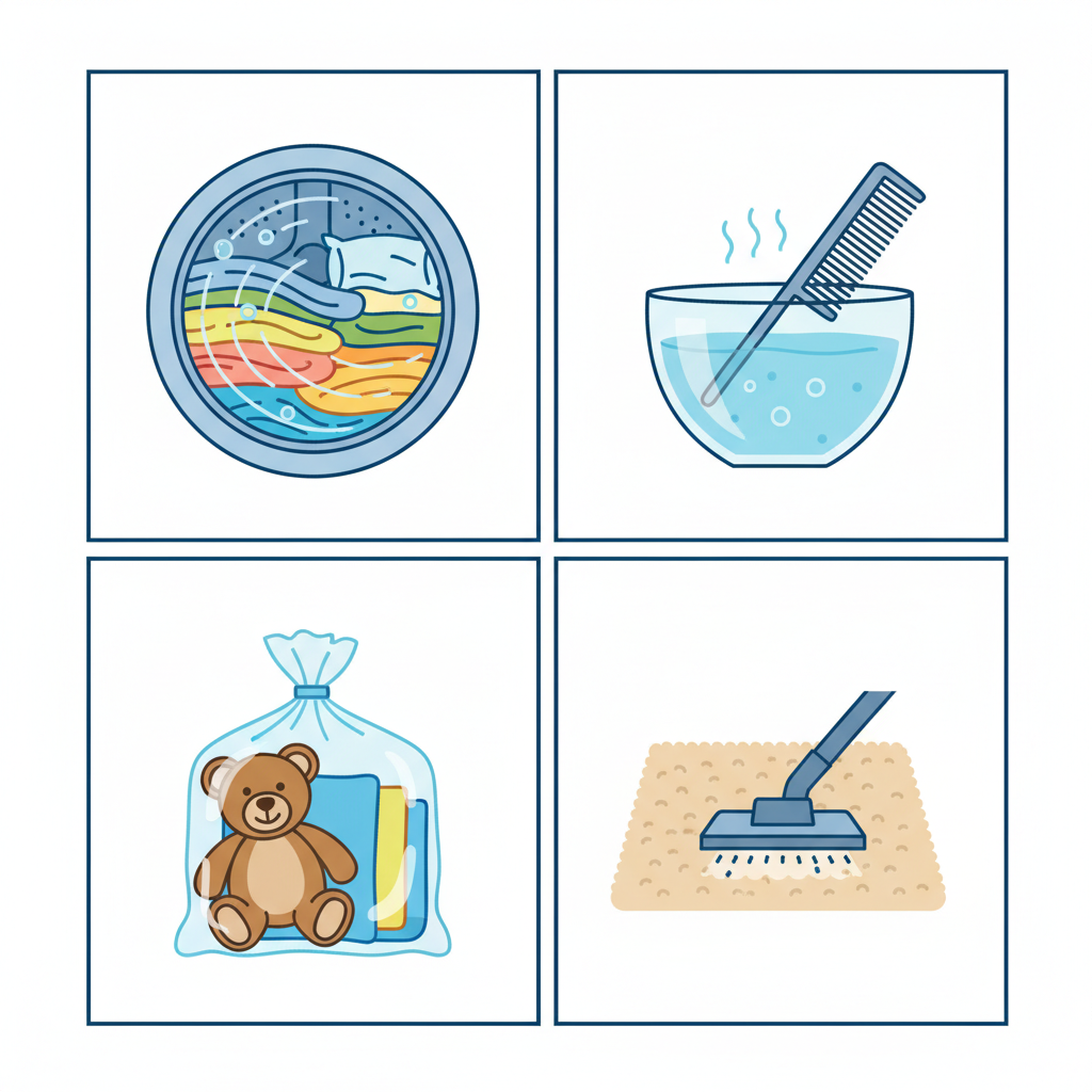 A vibrant, multi-scene flat illustration depicting essential environmental cleaning steps for lice. One panel shows a washing machine drum filled with bedding. Another panel features a comb submerged in a bowl of hot water or disinfectant. A third panel illustrates a plush toy or fabric item securely sealed within a clear plastic bag. A fourth panel shows a vacuum cleaner nozzle actively cleaning a carpet or upholstery. The overall style should be clean, organized, and convey a sense of thoroughness and hygiene, suitable for a practical guide.