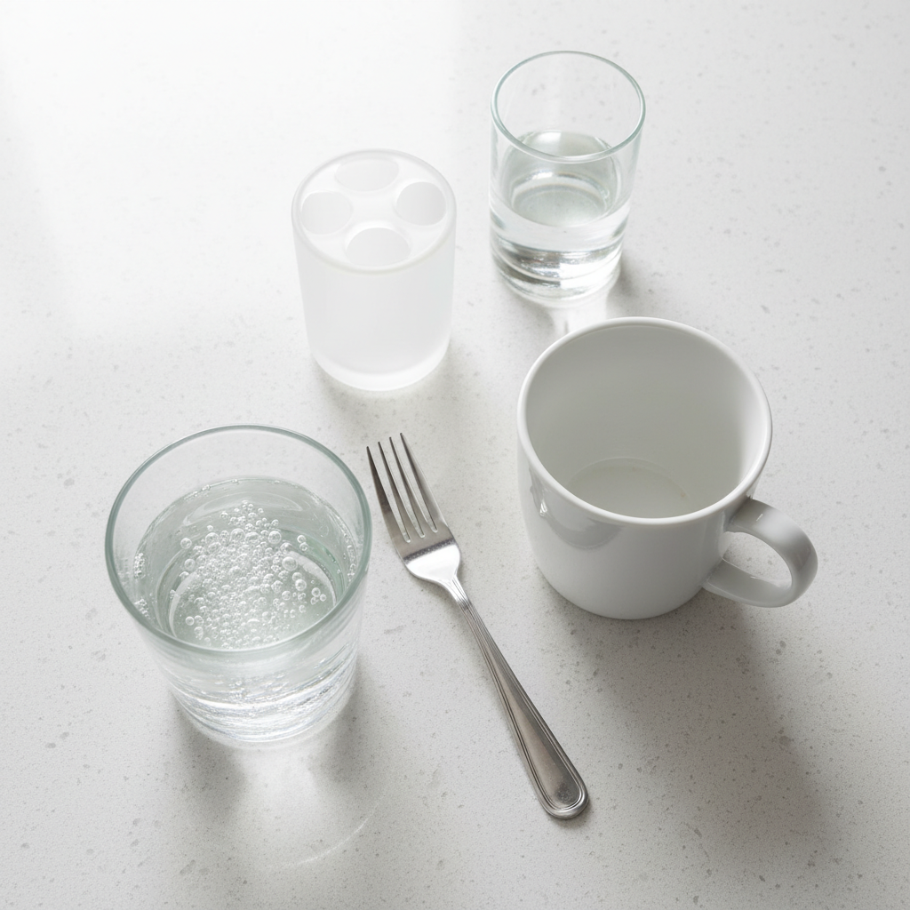 A bright, professional flat lay photography scene set on a clean kitchen or bathroom countertop. Various everyday household items, such as a sparkling glass vase, a clean white ceramic coffee mug, a piece of polished silver cutlery, and a freshly scrubbed toothbrush holder, are neatly arranged. In the foreground, a clear glass filled with water shows an effervescent denture cleaning tablet actively dissolving and releasing a steady stream of small bubbles. The overall aesthetic is minimalist and emphasizes cleanliness and organization, hinting at the versatility of the cleaner.