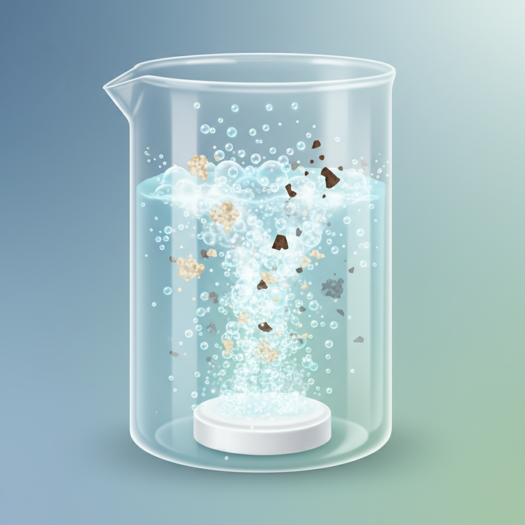 A modern, clean scientific illustration depicting the microscopic action of a denture cleaning tablet. The scene focuses on a transparent glass or beaker where a white tablet is dissolving at the bottom, releasing a vibrant, dense cloud of tiny oxygen bubbles. These bubbles are shown interacting with stylized representations of dirt particles, plaque, and stain molecules, breaking them apart. The background is simple, using soft blue and green hues to evoke a sense of cleanliness and chemical efficacy, highlighting the cleaning process.