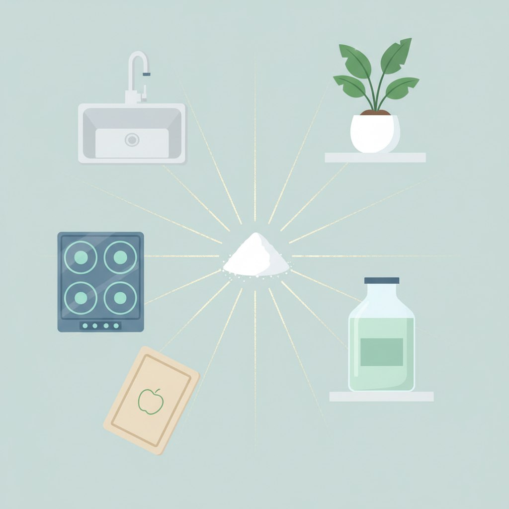 A bright, clean flat illustration showcasing the versatile power of baking soda in a household setting. The central element is a small, pristine pile of white baking soda powder. Abstract, shimmering lines radiate from it, connecting to various clean household items. These items include a gleaming kitchen sink, a sparkling stovetop, a fresh-looking cutting board, and a small, vibrant houseplant in a clean pot. The overall impression is one of natural cleanliness and freshness, utilizing a modern, inviting color palette with soft blues, greens, and whites.