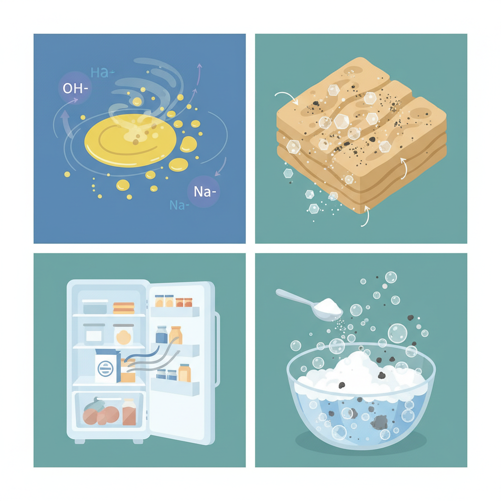 An infographic-style illustration depicting the four key cleaning mechanisms of baking soda. The image is divided into four clear, visually distinct sections. One section shows a grease stain dissolving with subtle chemical symbols for alkalinity. Another shows tiny, gentle crystalline particles scrubbing dirt from a surface without damage. A third section illustrates wavy lines representing odors being absorbed around a common household item like a refrigerator interior. The final section depicts a bubbling reaction, symbolizing foam formation, where a small amount of white powder reacts with a liquid to lift dirt. Use clean lines and a clear, illustrative style.