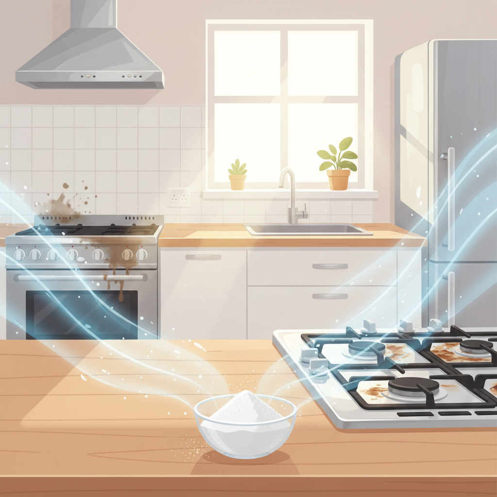 A bright, modern flat illustration depicting a sparkling, pristine kitchen. A small, clear bowl filled with white crystalline powder (representing soda) sits on a clean wooden countertop. From the bowl, subtle, clean energy waves radiate outwards, metaphorically transforming a previously greasy oven and a stained stovetop into gleaming, immaculate surfaces. The scene conveys a sense of freshness, efficiency, and natural cleaning power. Sunlight streams gently into the kitchen, highlighting the cleanliness and inviting atmosphere, emphasizing soda as a 'wonder remedy'.
