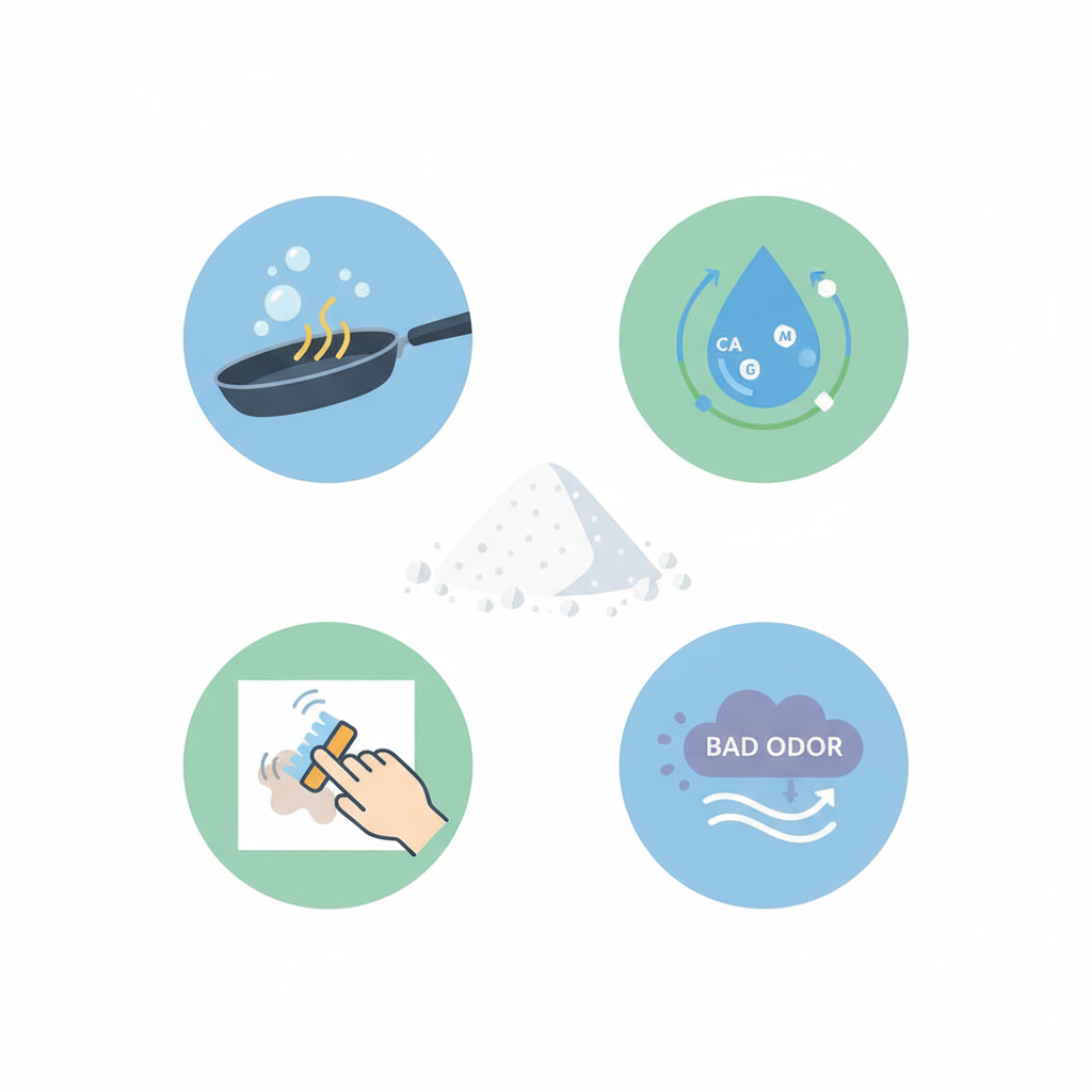 An infographic-style flat illustration showcasing the multi-faceted cleaning properties of soda. In the center, a small mound of white crystalline powder (soda) is prominently displayed. Four distinct, circular icons or bubbles surround the central soda, each visually representing one of its key actions: 1) a stylized image of grease dissolving from a dirty pan with bubbles, 2) a water droplet with calcium and magnesium ions being neutralized, 3) a gentle scrubbing motion over a mild stain, and 4) a cloud representing a bad odor dissipating into fresh air. The color palette is clean, vibrant, and uses soft blues and greens, making the diagram easy to understand and visually appealing.