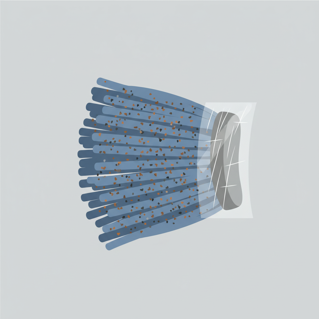 A stylized, clean flat illustration depicting a cross-section of an automated car wash brush or a textile strip. The material of the brush/strip is visibly embedded with tiny, gritty dirt or sand particles. Next to it, a small segment of a car's clear coat layer shows very fine, parallel scratch lines being formed by contact with these dirty particles. The illustration should highlight the abrasive action caused by contaminants, explaining why car washes cause scratches. Use a muted color palette with emphasis on the abrasive elements.