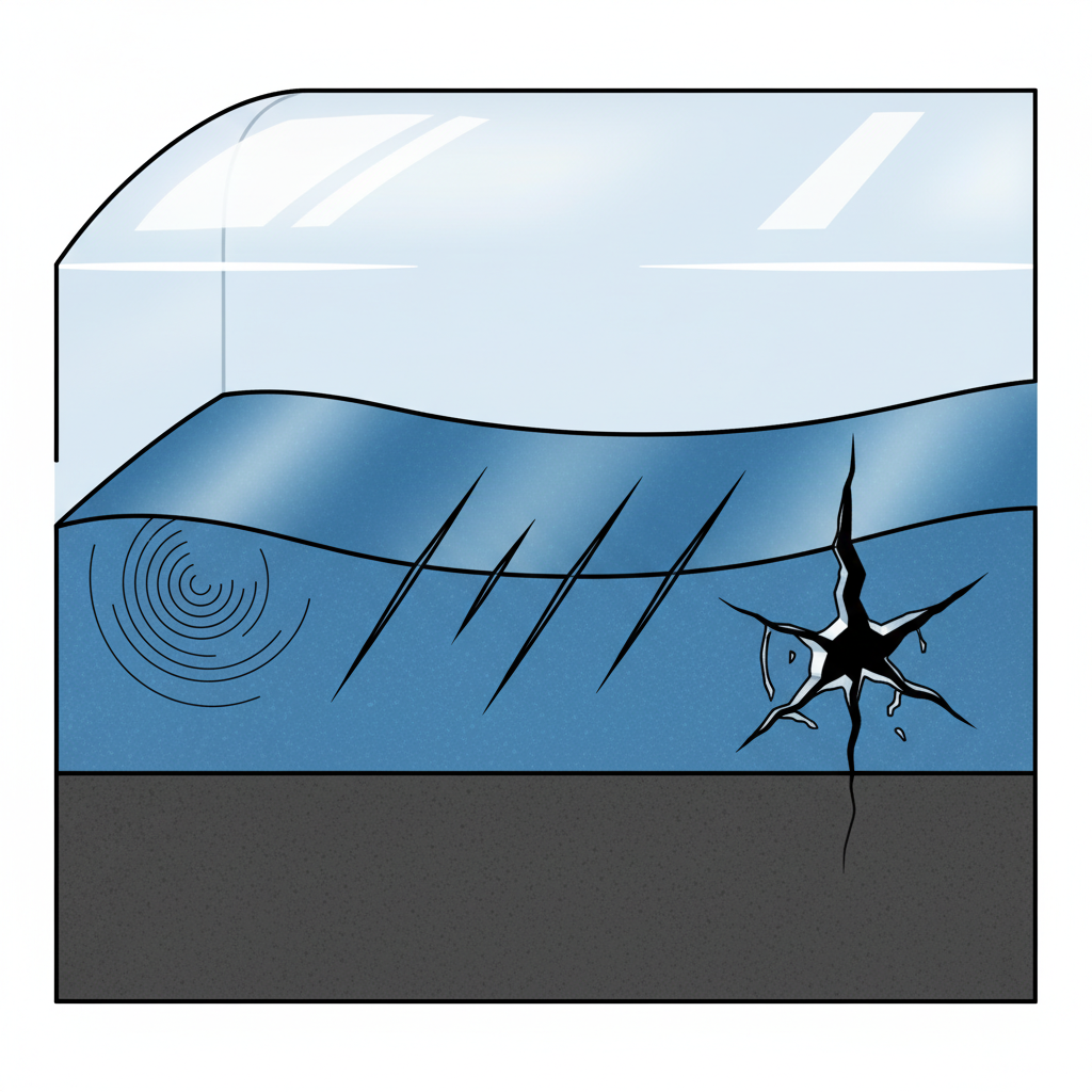 An infographic-style illustration presenting a magnified cross-section of car paint layers. Clearly show the distinct layers: a dark base layer (metal/primer), a colored layer (base coat), and a transparent top layer (clear coat). Illustrate three types of scratches: 1) Superficial swirls, barely breaking the clear coat's surface. 2) Light scratches, penetrating deeper into the clear coat but not reaching the base color. 3) A deep scratch, completely through the clear coat and into the base color, possibly exposing the primer. Use distinct visual cues for each depth.