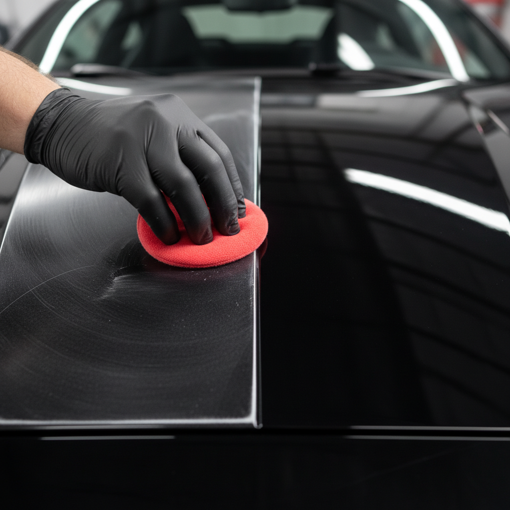 A professional close-up photo focusing on a human hand, wearing a protective glove, meticulously applying a polishing compound with a microfiber applicator pad onto a car's dark paint surface. One half of the visible paint area should still show subtle, dulling swirl marks, while the other half, where the polishing has already occurred, gleams with a deep, reflective, scratch-free shine. The lighting should emphasize the contrast between the unpolished and polished sections, conveying restoration and effective repair.