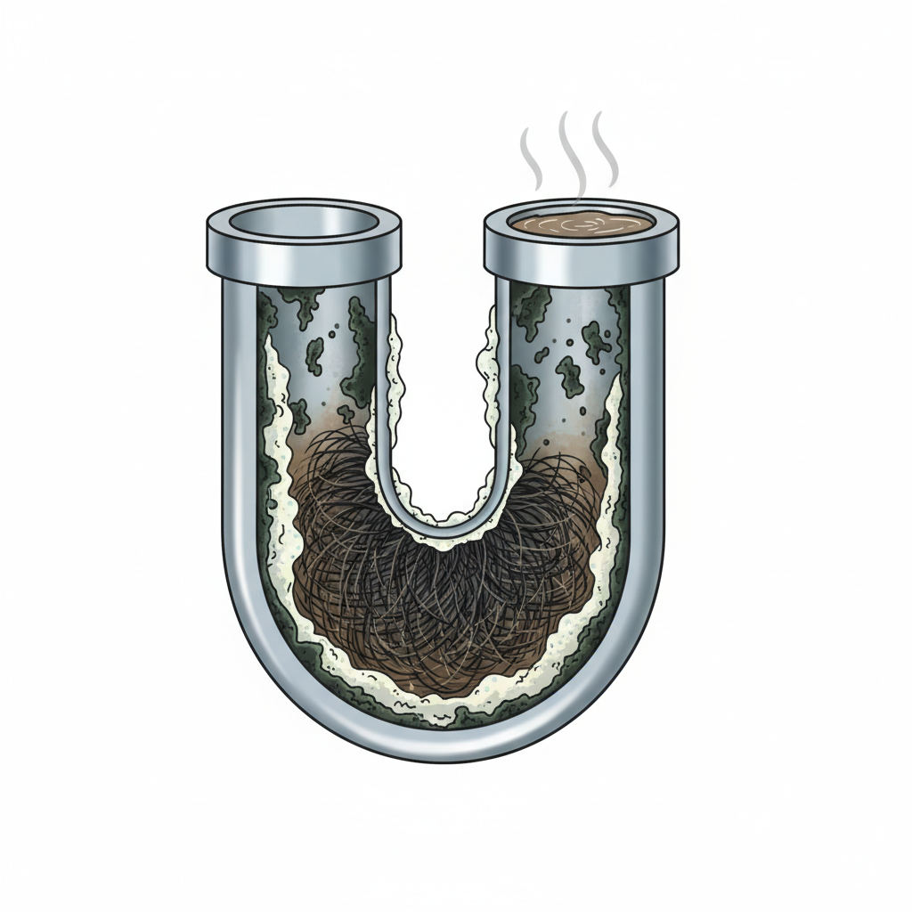 A detailed cross-section illustration of a bathroom sink drainpipe. The pipe is severely narrowed by accumulated debris: a dense tangle of dark hair, layers of white soap scum, and a pasty, off-white residue representing toothpaste. Darker, slimy organic matter and microbial growth cling to the pipe walls, clearly impeding water flow. A small pool of murky water sits above the blockage. Subtle, wavy lines suggest unpleasant odors rising from the clog. The background should be clean and white, focusing solely on the pipe and its contents. Infographic style illustration, using realistic textures and muted colors for the grime, contrasting with the pipe's clean metallic interior.