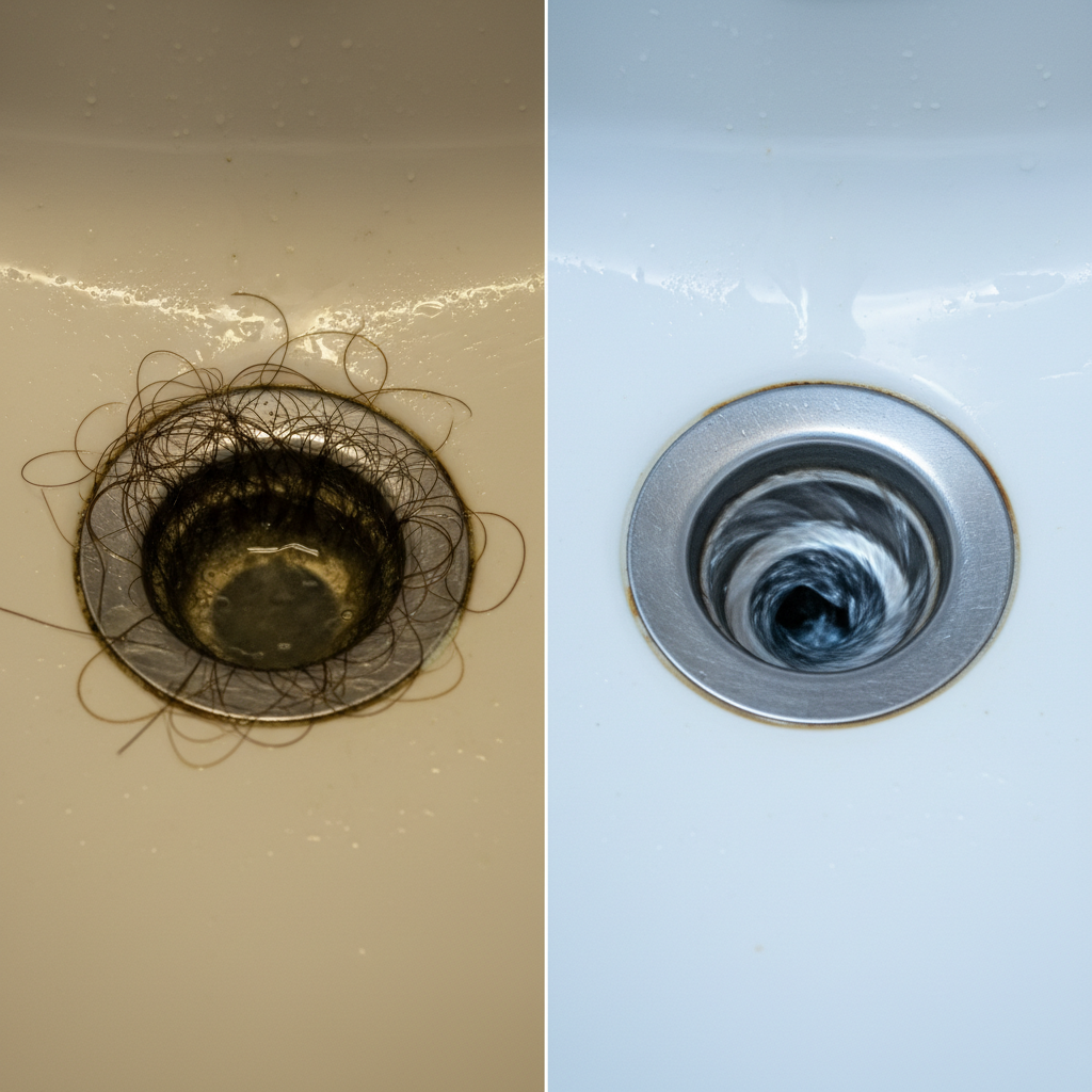 A split-view image contrasting a clogged and a clean bathroom sink drain. On the left side, a close-up professional photo of a sink drain with murky, slow-draining water, visible hair strands, and soap scum around the stopper. The water surface shows minimal movement. On the right side, the exact same sink drain is pristine and sparkling clean, with clear, rapidly swirling water disappearing efficiently down the plughole, indicating perfect flow. The lighting should emphasize the contrast between the dirty, stagnant side and the bright, hygienic side. Professional photo style with clear focus and vibrant colors.