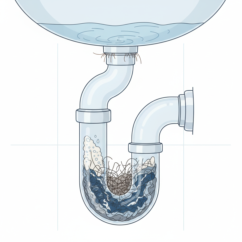 An informative cross-section diagram of a bathroom sink's P-trap (siphon). The top part shows a sink drain with water slowly swirling down, partially obstructed. Inside the transparent pipe of the P-trap, a visible accumulation of tangled hair, white soap scum, and dark, pasty toothpaste residue creates a significant blockage. The background is clean and sterile, emphasizing the internal mechanics and the problem within the plumbing. The overall style should be a modern, clean infographic illustration with clear lines and soft shading, using a muted color palette to highlight the obstruction.