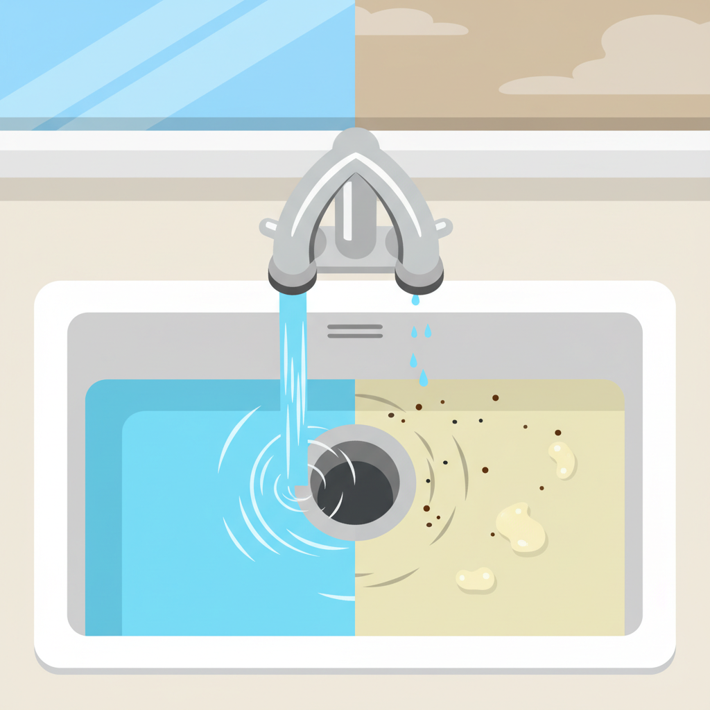 A vibrant flat illustration depicting a kitchen sink split into two halves. The left half shows a perfectly clean sink with clear, blue water flowing freely and quickly down the drain, indicated by swirling lines. The right half shows the same sink, but with murky, slightly yellowish water pooling and draining very slowly, with small food particles (like coffee grounds and grease droplets) visible near the drain opening. The contrast highlights the difference between a functional and a problematic drain. The style is bright and clean, with an emphasis on simple shapes and strong visual contrast between the two states.