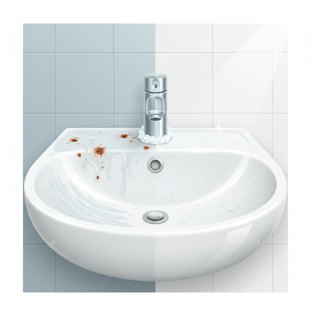 A vibrant, high-contrast digital illustration depicting a ceramic washbasin. The image is divided into two distinct halves: the left side shows the washbasin marred by various common stains, including white, milky lime scale around the faucet and drain, reddish-brown rust spots near the rim, and dull, greasy soap scum streaks. The right side mirrors the same washbasin, now gleaming impeccably clean and polished, reflecting light, with no visible imperfections. The style is clean and modern, emphasizing the transformation from 'before' to 'after' without being overly dramatic. Focus on visual clarity of different stain types.