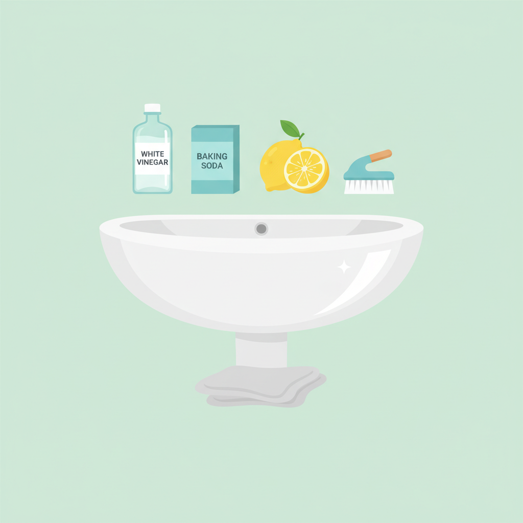 A clean and bright flat illustration showing a collection of effective home remedies for cleaning a washbasin. In the center, a pristine white ceramic washbasin edge or a section of the basin. Arranged neatly around it are illustrative representations of household items: a bottle of white vinegar, a box of baking soda, a half-cut lemon, a soft-bristled cleaning brush, and a microfiber cloth. The background is simple and uncluttered, perhaps a light pastel color. The overall style is minimalist and visually appealing, conveying a sense of natural and effective cleaning solutions.